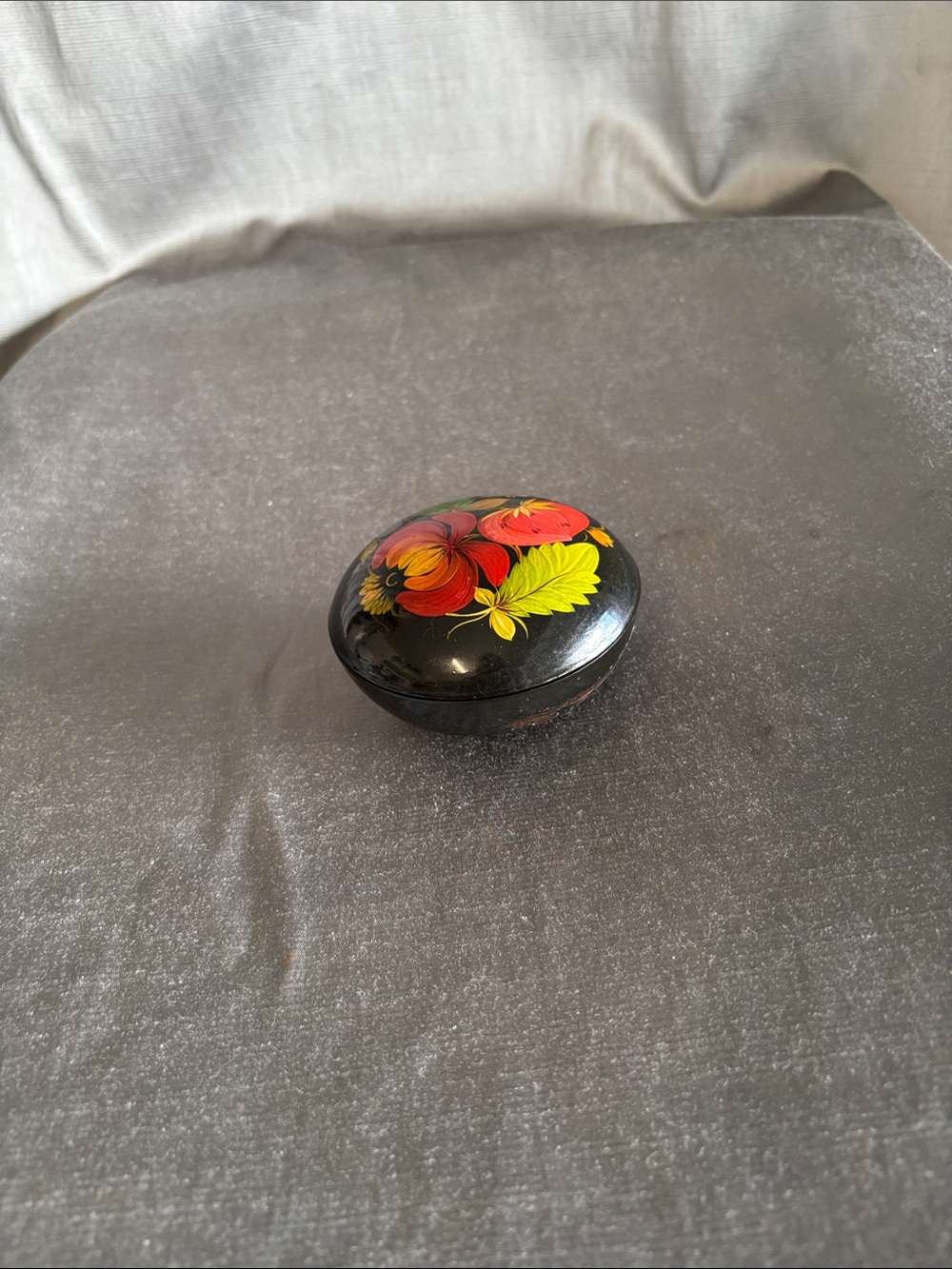 Vintage Black Lacquer Trinket Box with Red and Yellow Floral Design